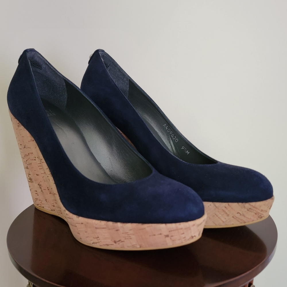Stuart Weitzman Corkswoon Navy Wedges 9.5